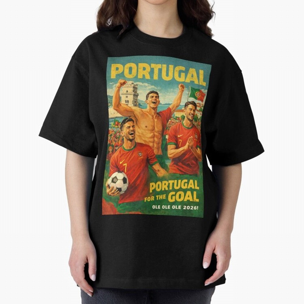 Portugal Lisbon Bel¨¦m Tower Cristiano Ronaldo FIFA World Cup Football Celebration Oversized T-Shirt Stand with FIFA World Cup 2026 Filled with CR7, Spain and Netherlands Energy, Goal Celebration Energy, Supporter Heritage, Football Icons and