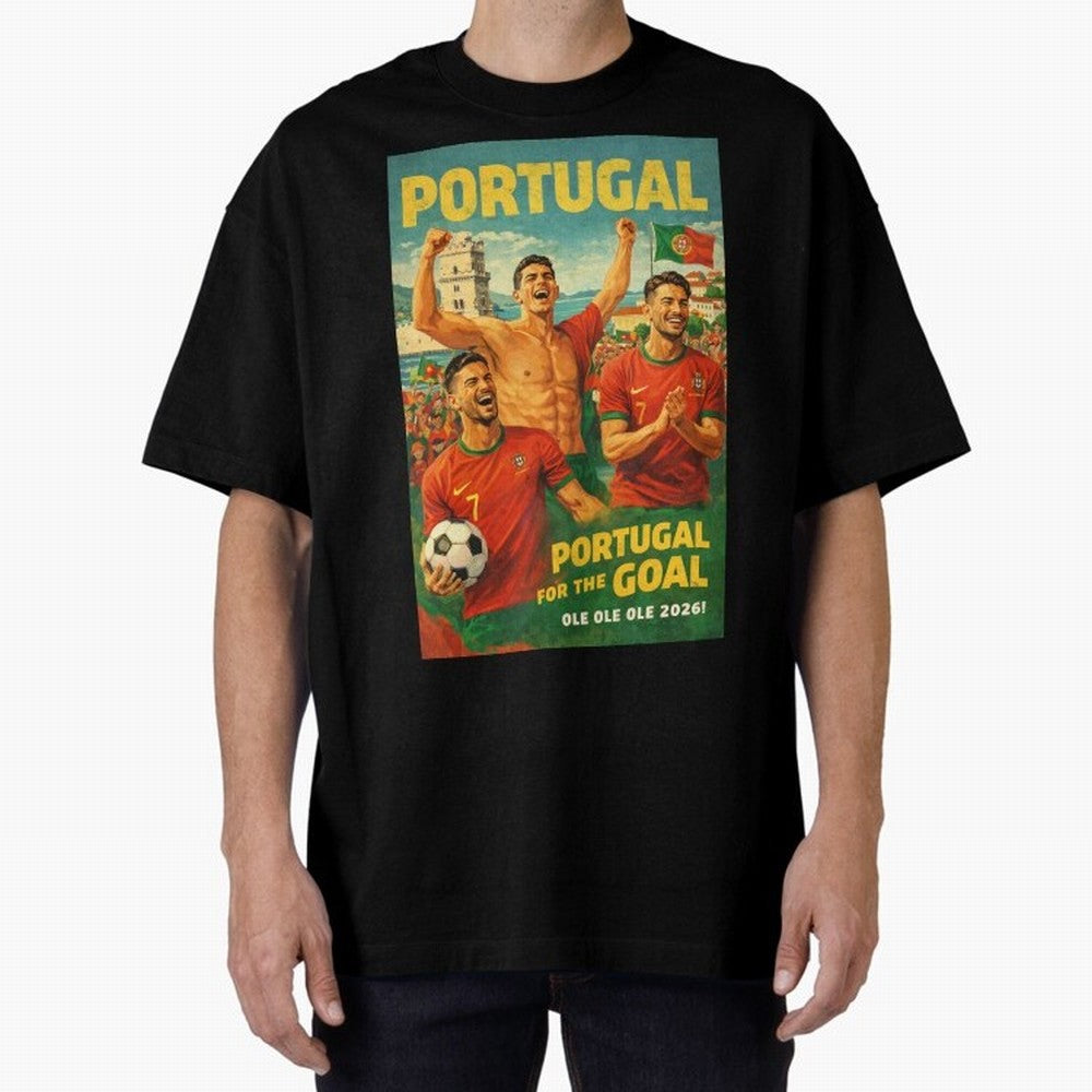 Portugal Lisbon Bel¨¦m Tower Cristiano Ronaldo FIFA World Cup Football Celebration Oversized T-Shirt Stand with FIFA World Cup 2026 Filled with CR7, Spain and Netherlands Energy, Goal Celebration Energy, Supporter Heritage, Football Icons and