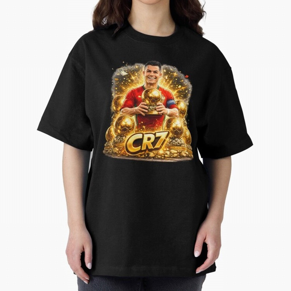 CR7 Five Ballon d'Or Trophies Cartoon ¨C Football Legend Illustration Oversized T-Shirt Join the FIFA World Cup 2026 Journey through Haaland and Mbappe Highlights, Spain Pride, Match Day Excitement, Supporter Culture, Golden Goals and Global