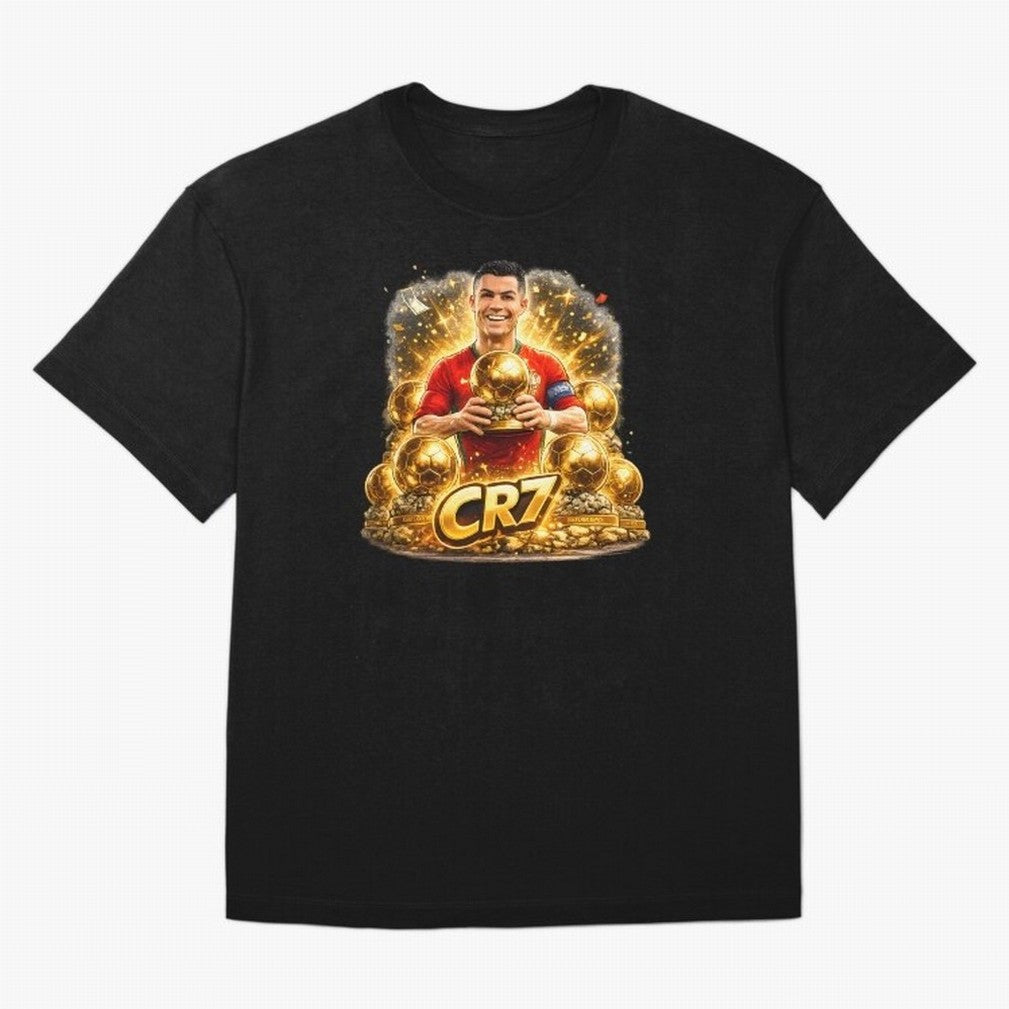 CR7 Five Ballon d'Or Trophies Cartoon ¨C Football Legend Illustration Oversized T-Shirt Join the FIFA World Cup 2026 Journey through Haaland and Mbappe Highlights, Spain Pride, Match Day Excitement, Supporter Culture, Golden Goals and Global