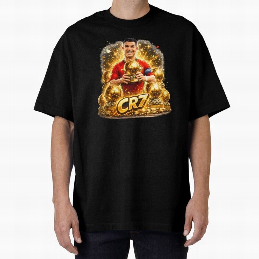 CR7 Five Ballon d'Or Trophies Cartoon ¨C Football Legend Illustration Oversized T-Shirt Join the FIFA World Cup 2026 Journey through Haaland and Mbappe Highlights, Spain Pride, Match Day Excitement, Supporter Culture, Golden Goals and Global
