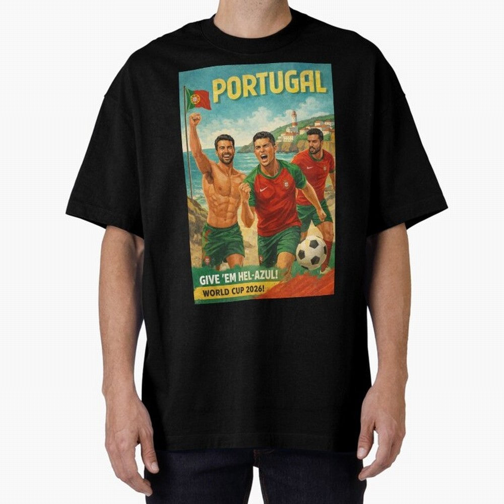 Portugal Hel-Azul Spirit at Cabo da Roca and Bel¨¦m Tower for FIFA World Cup 2026 Oversized T-Shirt Bring Bold Fan Energy to Global Football Passion for FIFA World Cup 2026 USA Canada Mexico, with CR7 and Messi, England and Germany, Vintage Soccer