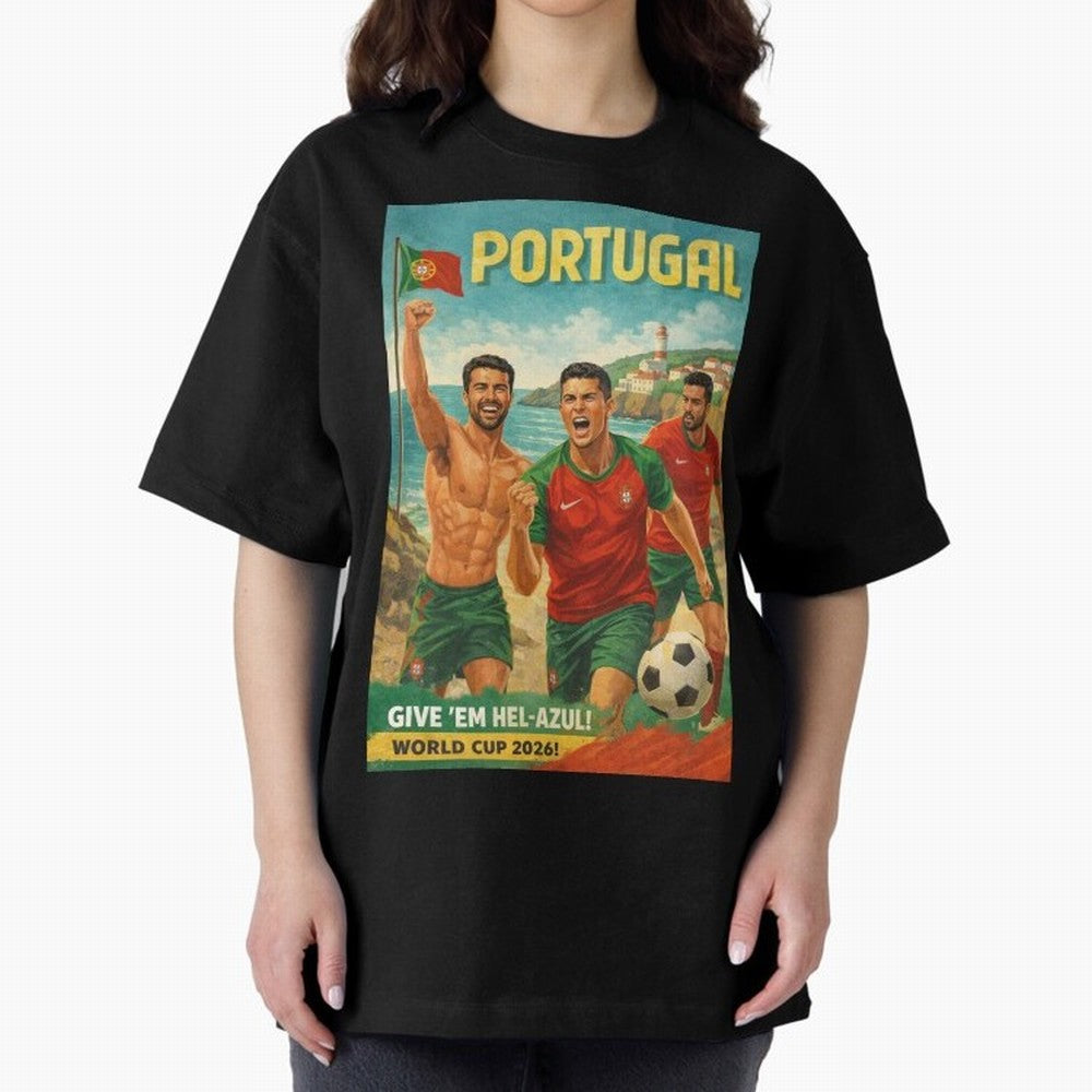 Portugal Hel-Azul Spirit at Cabo da Roca and Bel¨¦m Tower for FIFA World Cup 2026 Oversized T-Shirt Bring Bold Fan Energy to Global Football Passion for FIFA World Cup 2026 USA Canada Mexico, with CR7 and Messi, England and Germany, Vintage Soccer