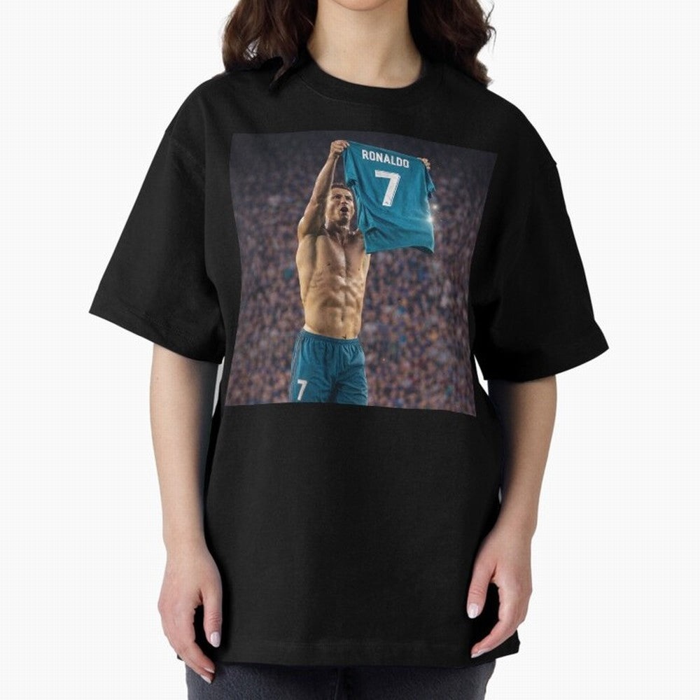 Ronaldo Holding Number Seven Shirt Oversized T-Shirt Follow the Road to the FIFA World Cup 2026 USA Canada Mexico Journey through Cristiano Ronaldo, Haaland and CR7 Highlights, Argentina, France and Brazil Pride, Football Festival Excitement,
