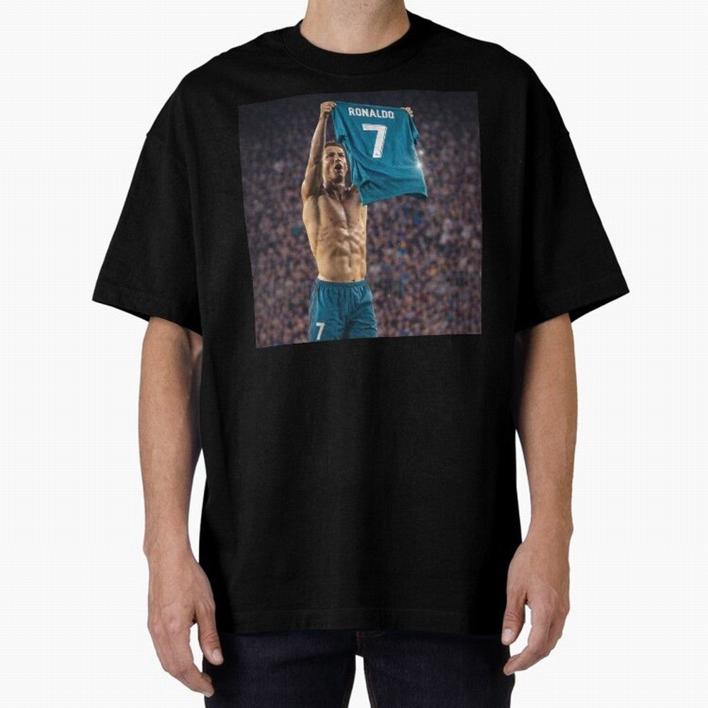 Ronaldo Holding Number Seven Shirt Oversized T-Shirt Follow the Road to the FIFA World Cup 2026 USA Canada Mexico Journey through Cristiano Ronaldo, Haaland and CR7 Highlights, Argentina, France and Brazil Pride, Football Festival Excitement,