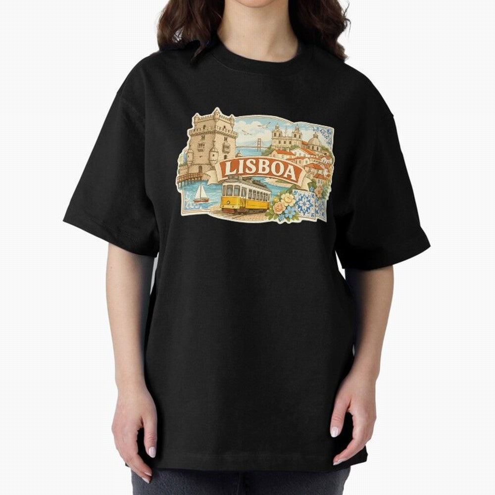 Vintage Tram Lisbon Illustration Oversized T-Shirt Celebrate the Magic of FIFA World Cup 2026 Spirit, Made for Argentina and Brazil, Messi, Neymar and Mbappe, Retro Football Energy, Iconic Rivalries, Trophy Chase Drama and Stadium Atmosphere;