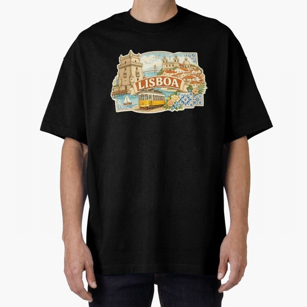 Vintage Tram Lisbon Illustration Oversized T-Shirt Celebrate the Magic of FIFA World Cup 2026 Spirit, Made for Argentina and Brazil, Messi, Neymar and Mbappe, Retro Football Energy, Iconic Rivalries, Trophy Chase Drama and Stadium Atmosphere;