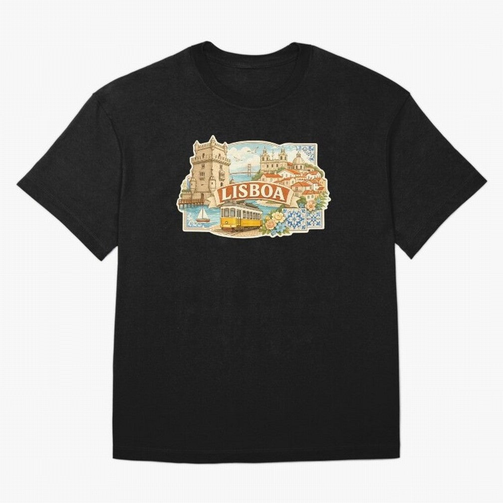 Vintage Tram Lisbon Illustration Oversized T-Shirt Celebrate the Magic of FIFA World Cup 2026 Spirit, Made for Argentina and Brazil, Messi, Neymar and Mbappe, Retro Football Energy, Iconic Rivalries, Trophy Chase Drama and Stadium Atmosphere;