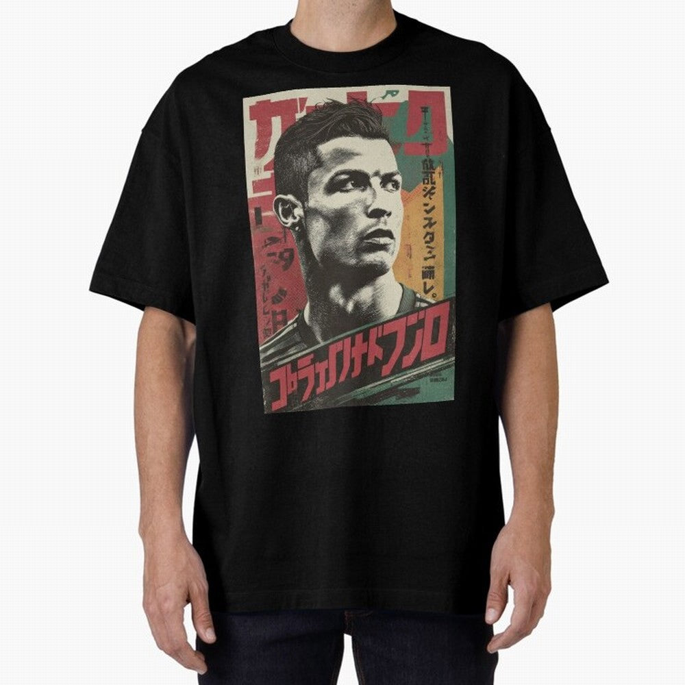 Cristiano Vintage Warned Japanese Poster Oversized T-Shirt Honor FIFA World Cup 2026 Driven by Cristiano Ronaldo, Haaland and CR7, France and Portugal Energy, Vintage Soccer Flavor, Modern Football Stars, National Flags and Final Night Emotion;