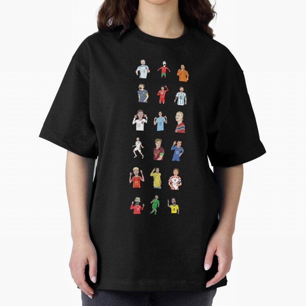 Badly Drawn Footballers Oversized T-Shirt Bring Global Tournament Vibes to Global Football Passion for FIFA World Cup 2026, Inspired by Messi and Cristiano Ronaldo, Argentina, France and Brazil, Classic Soccer Heritage, Championship Pressure, Fan