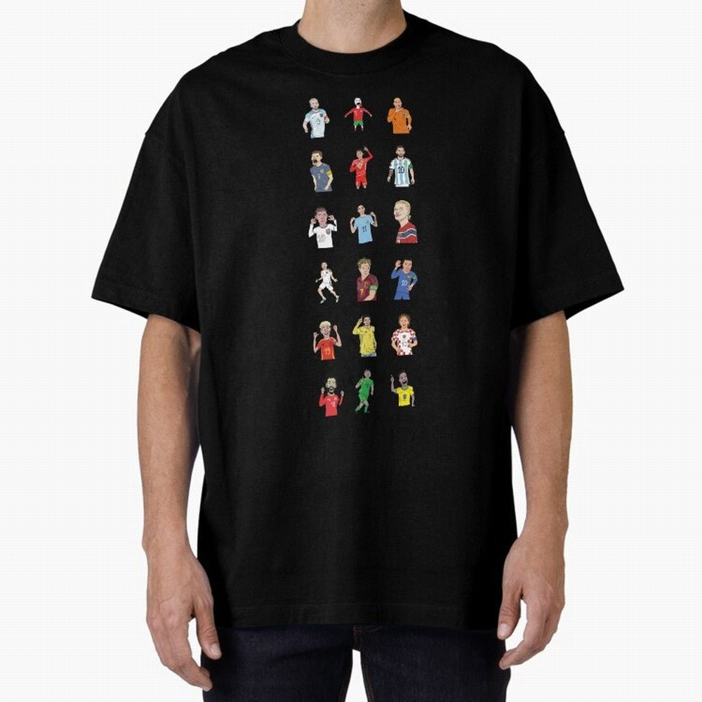 Badly Drawn Footballers Oversized T-Shirt Bring Global Tournament Vibes to Global Football Passion for FIFA World Cup 2026, Inspired by Messi and Cristiano Ronaldo, Argentina, France and Brazil, Classic Soccer Heritage, Championship Pressure, Fan