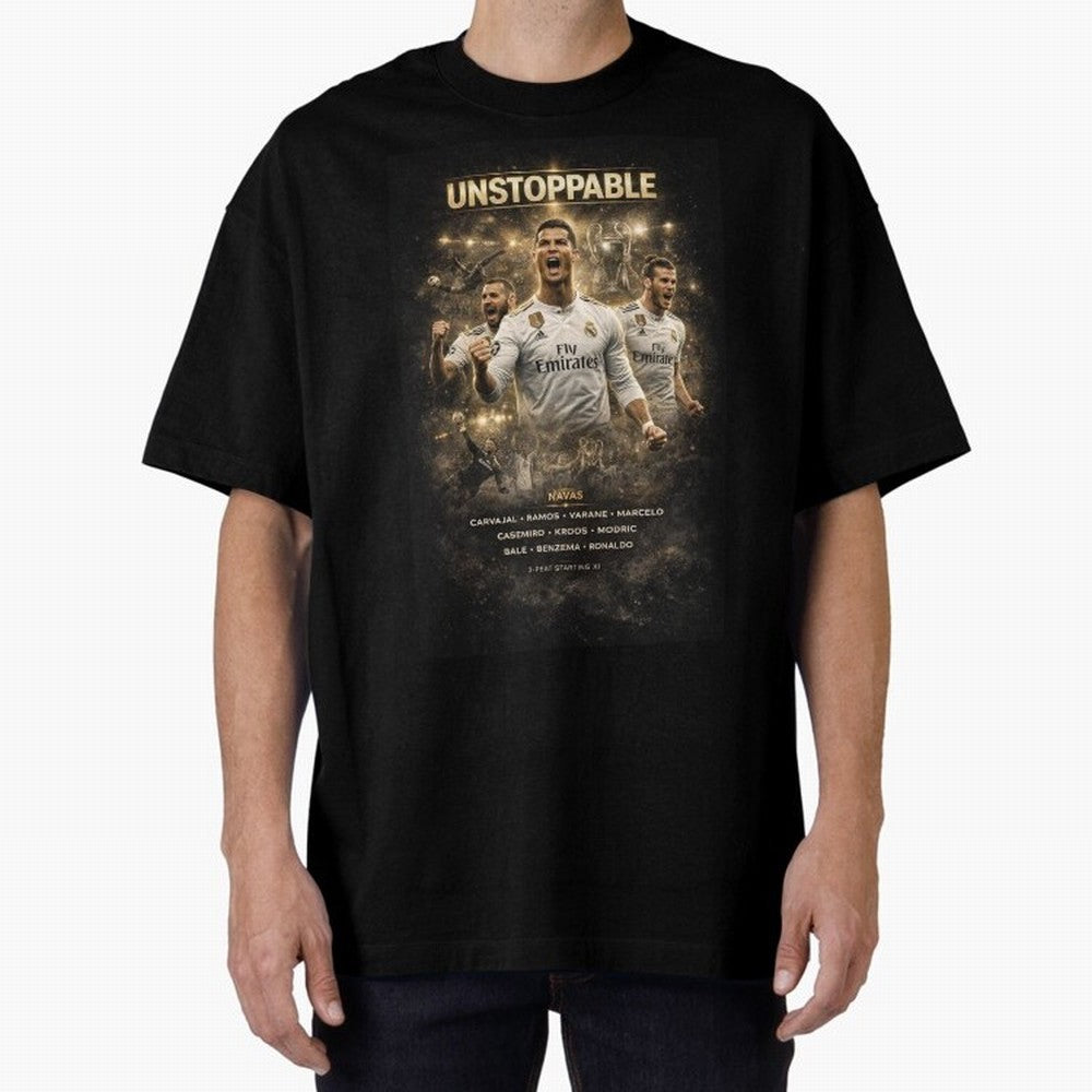 Unstoppable - Real Madrid Oversized T-Shirt Show Fan Pride Across the FIFA World Cup 2026 Journey through Cristiano Ronaldo, Haaland and CR7 Highlights, Portugal, Spain and Germany Pride, Tournament Hype, Historic Matchups, Family Viewing Parties