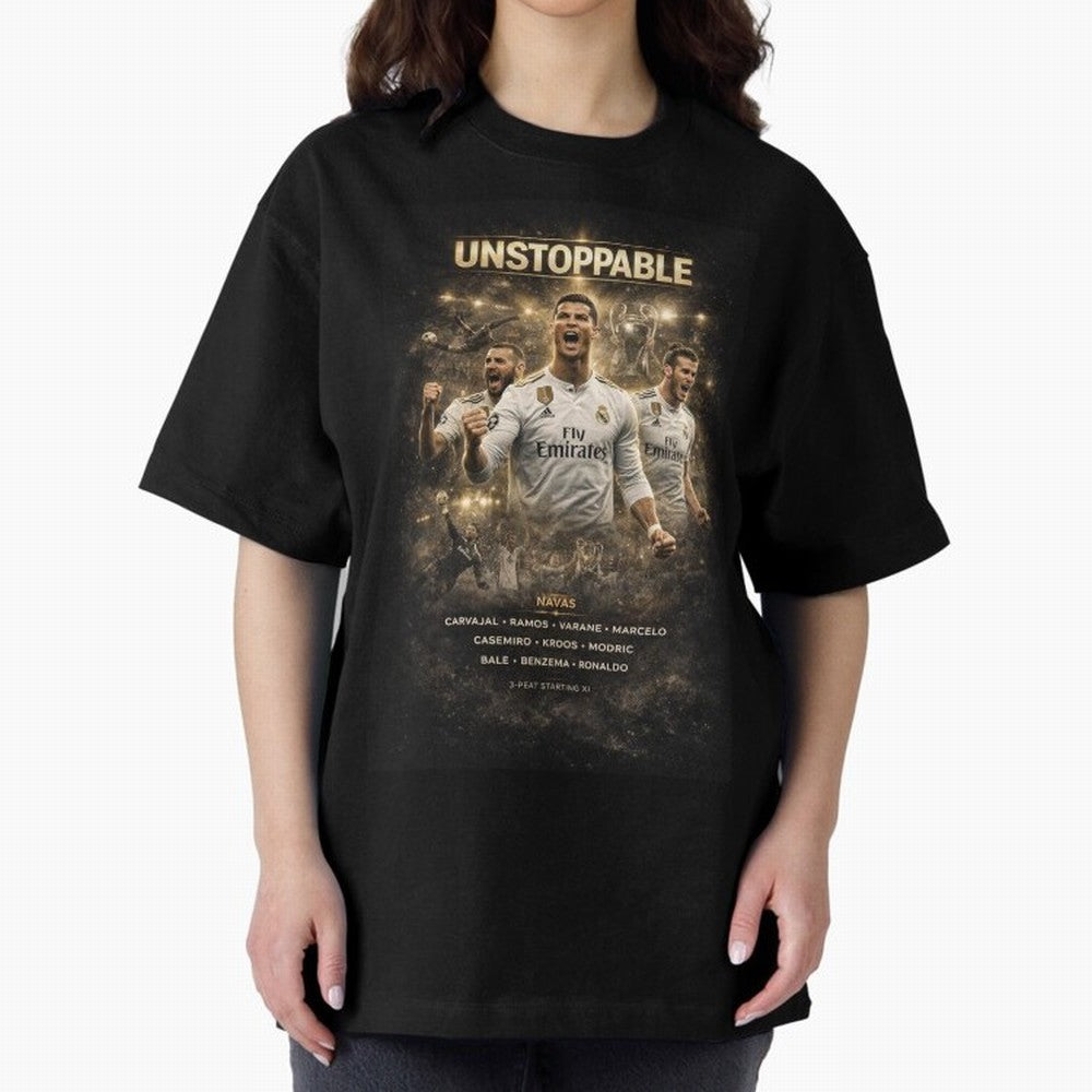 Unstoppable - Real Madrid Oversized T-Shirt Show Fan Pride Across the FIFA World Cup 2026 Journey through Cristiano Ronaldo, Haaland and CR7 Highlights, Portugal, Spain and Germany Pride, Tournament Hype, Historic Matchups, Family Viewing Parties