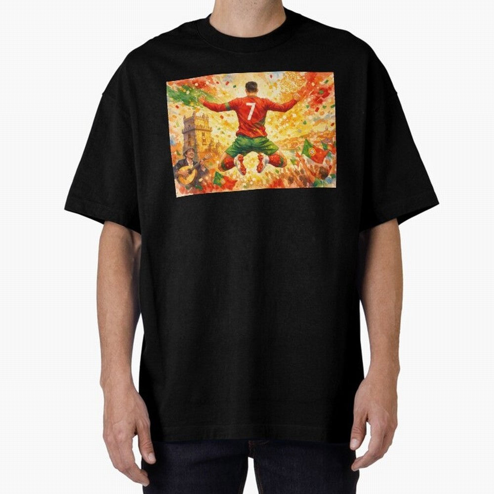 Soccer Player in Mid-Air Celebration Legend CR7 Oversized T-Shirt Build FIFA World Cup 2026 Group Stage for Fans of Cristiano Ronaldo and England and Germany, Bringing Vintage Soccer Flavor, Modern Football Stars, National Flags and Final Night