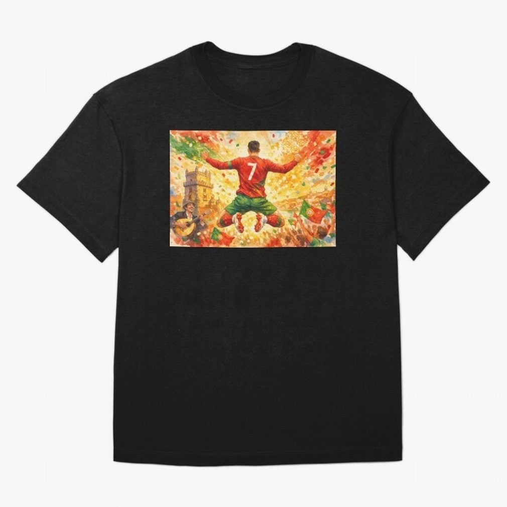 Soccer Player in Mid-Air Celebration Legend CR7 Oversized T-Shirt Build FIFA World Cup 2026 Group Stage for Fans of Cristiano Ronaldo and England and Germany, Bringing Vintage Soccer Flavor, Modern Football Stars, National Flags and Final Night