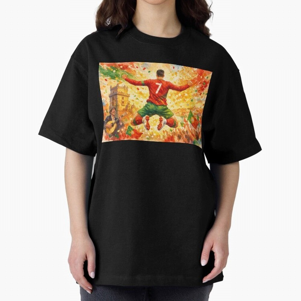 Soccer Player in Mid-Air Celebration Legend CR7 Oversized T-Shirt Build FIFA World Cup 2026 Group Stage for Fans of Cristiano Ronaldo and England and Germany, Bringing Vintage Soccer Flavor, Modern Football Stars, National Flags and Final Night