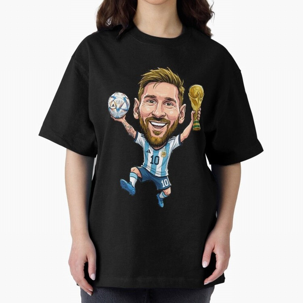 Messi Campion Caricatur Oversized T-Shirt Cheer through Every Moment of FIFA World Cup 2026 Group Stage Filled with Mbappe, England and Germany Energy, Football Passion, Legendary Performances, Festival Vibes and Supporter Community; Ideal for