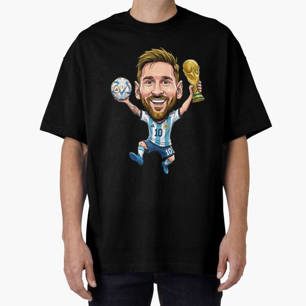 Messi Campion Caricatur Oversized T-Shirt Cheer through Every Moment of FIFA World Cup 2026 Group Stage Filled with Mbappe, England and Germany Energy, Football Passion, Legendary Performances, Festival Vibes and Supporter Community; Ideal for