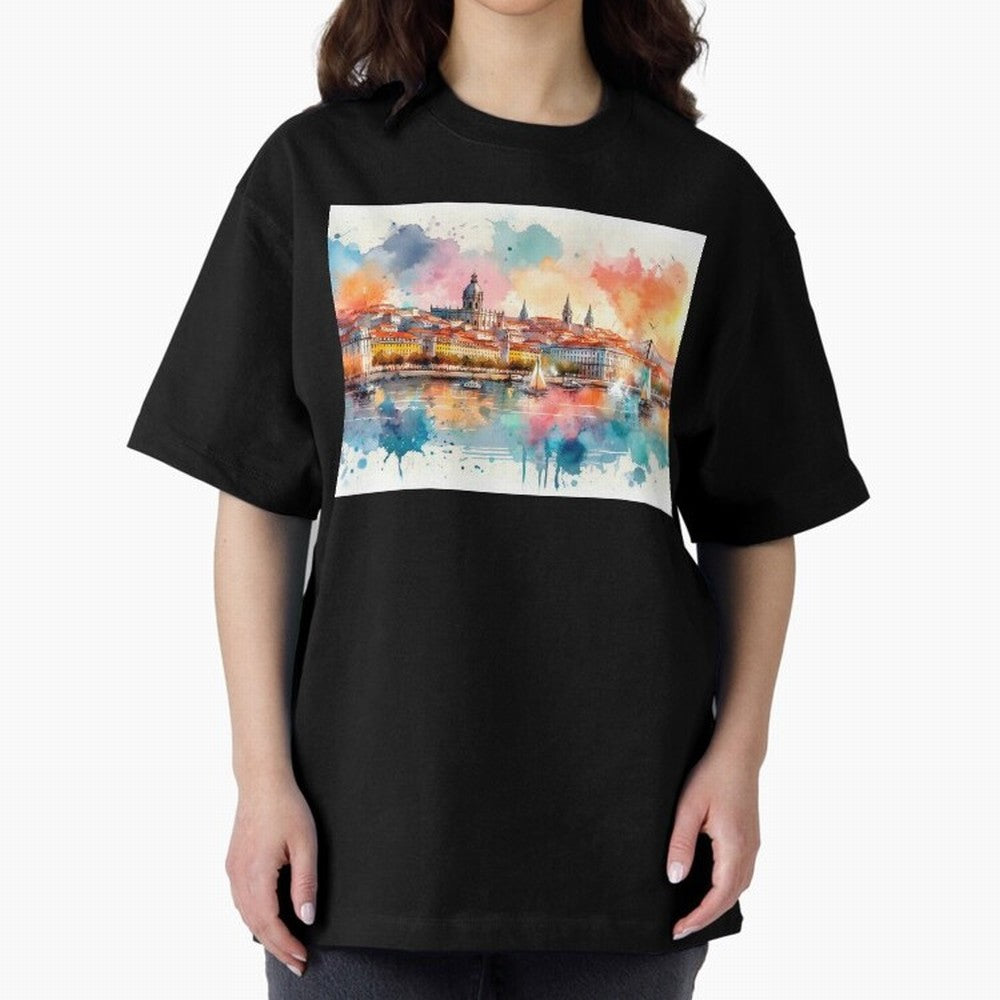 Lisbon cityscape with sailboats Oversized T-Shirt Carry the FIFA World Cup 2026 Group Stage Journey through Mbappe and Neymar Highlights, France Pride, Champion Mindset, Group Stage Buzz, Knockout Tension and Passionate Fan Culture; Perfect for