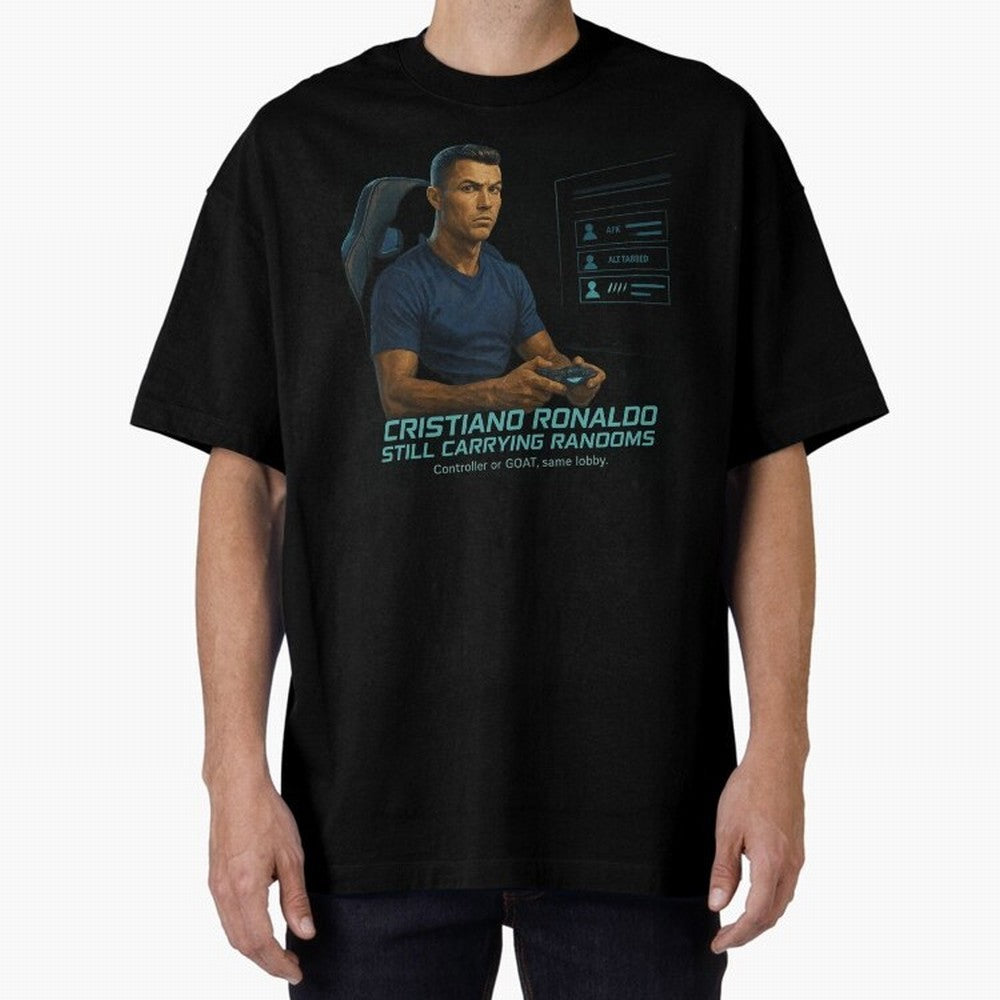 Cristiano Gamer Mode ¡ª Still Carrying Randoms Oversized T-Shirt Bring a Vintage Feel to Global Football Passion for FIFA World Cup 2026 Group Stage, Centered on Mbappe and Neymar, Spain, Football Festival Excitement, Trophy Ambitions, Country