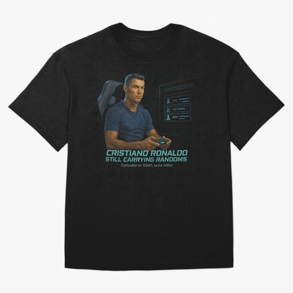 Cristiano Gamer Mode ¡ª Still Carrying Randoms Oversized T-Shirt Bring a Vintage Feel to Global Football Passion for FIFA World Cup 2026 Group Stage, Centered on Mbappe and Neymar, Spain, Football Festival Excitement, Trophy Ambitions, Country