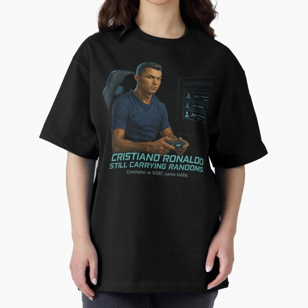 Cristiano Gamer Mode ¡ª Still Carrying Randoms Oversized T-Shirt Bring a Vintage Feel to Global Football Passion for FIFA World Cup 2026 Group Stage, Centered on Mbappe and Neymar, Spain, Football Festival Excitement, Trophy Ambitions, Country