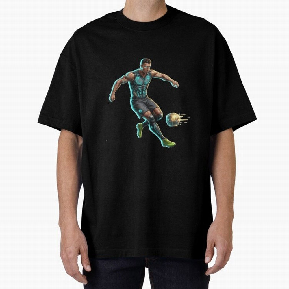 Cyberpunk Cristiano Ronaldo: Futuristic CR7 Kicking Glowing Soccer Ball Fan Art Oversized T-Shirt Bring a Champion Mindset to the FIFA World Cup 2026 Journey through Neymar, Haaland and Cristiano Ronaldo Highlights, England and Germany Pride,