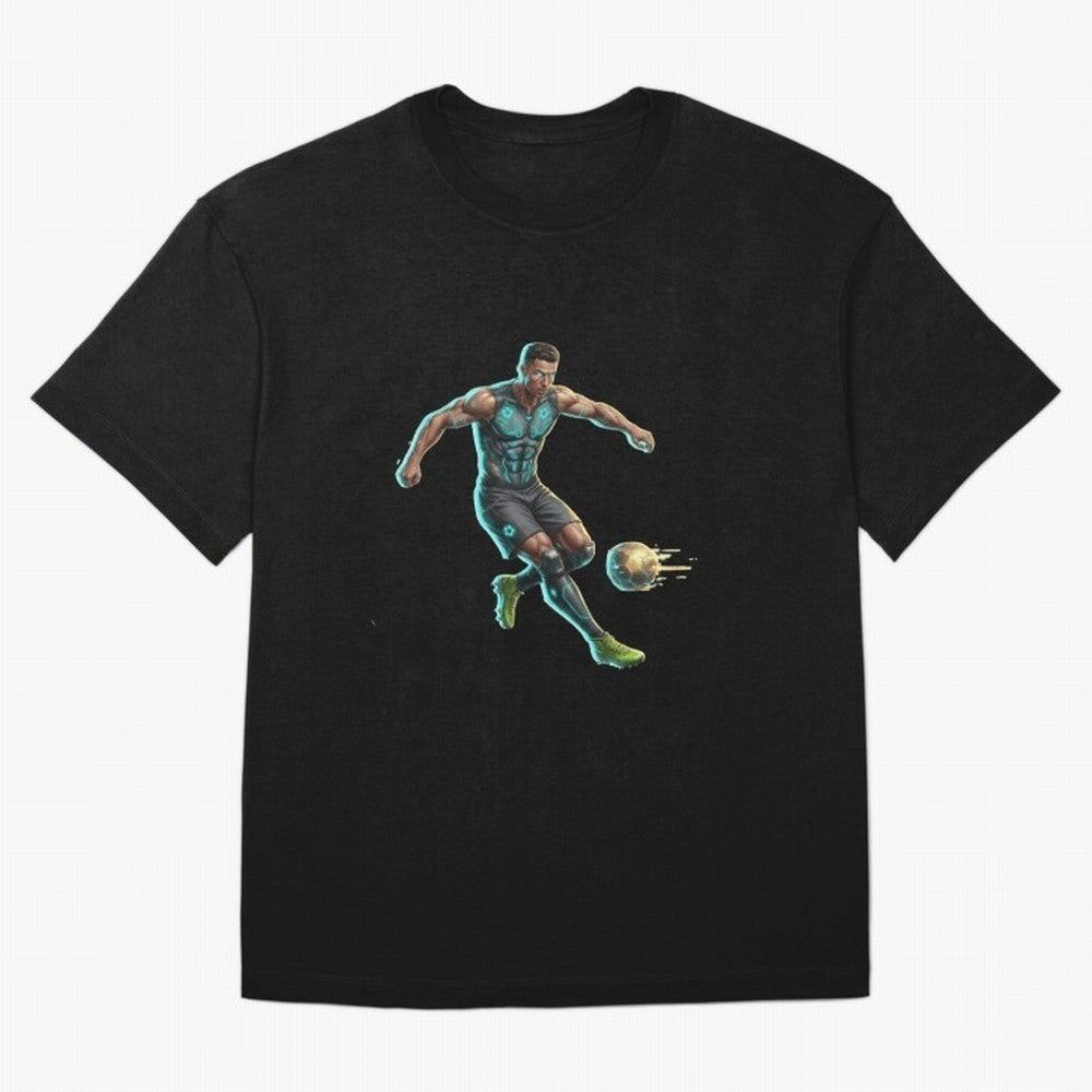 Cyberpunk Cristiano Ronaldo: Futuristic CR7 Kicking Glowing Soccer Ball Fan Art Oversized T-Shirt Bring a Champion Mindset to the FIFA World Cup 2026 Journey through Neymar, Haaland and Cristiano Ronaldo Highlights, England and Germany Pride,