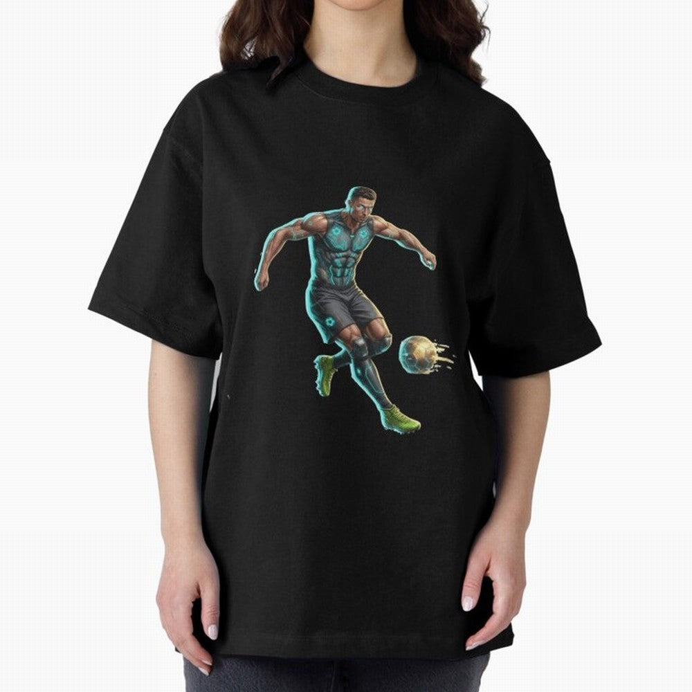 Cyberpunk Cristiano Ronaldo: Futuristic CR7 Kicking Glowing Soccer Ball Fan Art Oversized T-Shirt Bring a Champion Mindset to the FIFA World Cup 2026 Journey through Neymar, Haaland and Cristiano Ronaldo Highlights, England and Germany Pride,