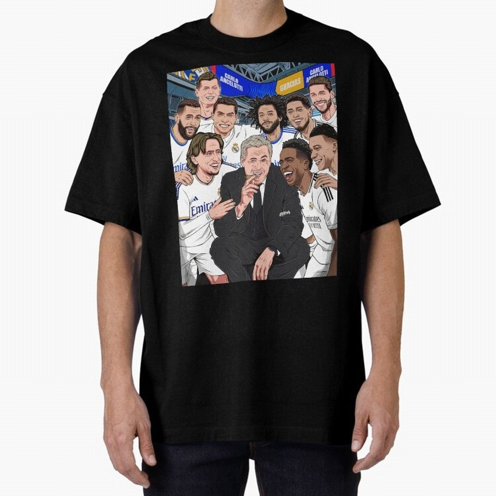 Carlo Ancelotti and Real Madrid Players Oversized T-Shirt Honor the Football Icons of FIFA World Cup 2026 USA Canada Mexico Spirit, Inspired by Germany, Haaland, Retro Football Energy, Iconic Rivalries, Trophy Chase Drama and Stadium Atmosphere;
