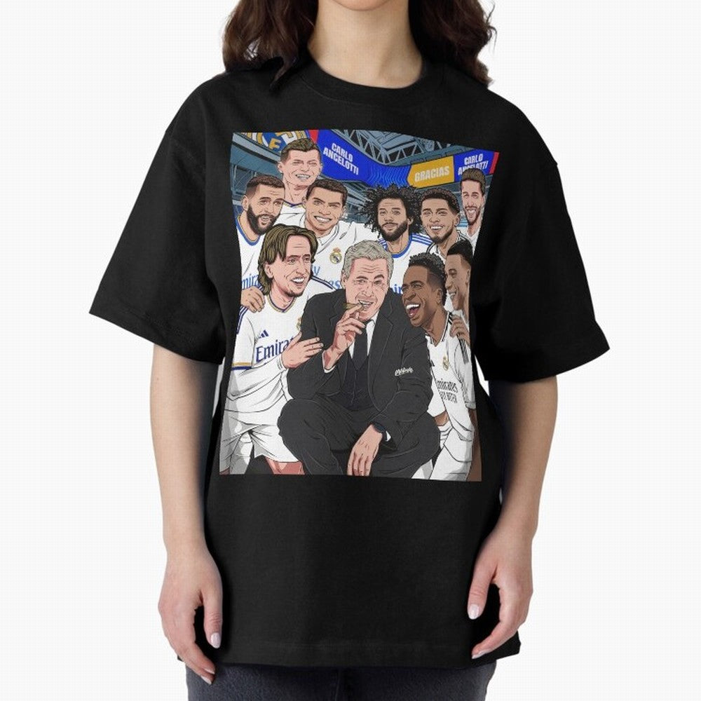 Carlo Ancelotti and Real Madrid Players Oversized T-Shirt Honor the Football Icons of FIFA World Cup 2026 USA Canada Mexico Spirit, Inspired by Germany, Haaland, Retro Football Energy, Iconic Rivalries, Trophy Chase Drama and Stadium Atmosphere;