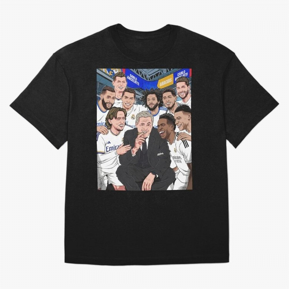 Carlo Ancelotti and Real Madrid Players Oversized T-Shirt Honor the Football Icons of FIFA World Cup 2026 USA Canada Mexico Spirit, Inspired by Germany, Haaland, Retro Football Energy, Iconic Rivalries, Trophy Chase Drama and Stadium Atmosphere;