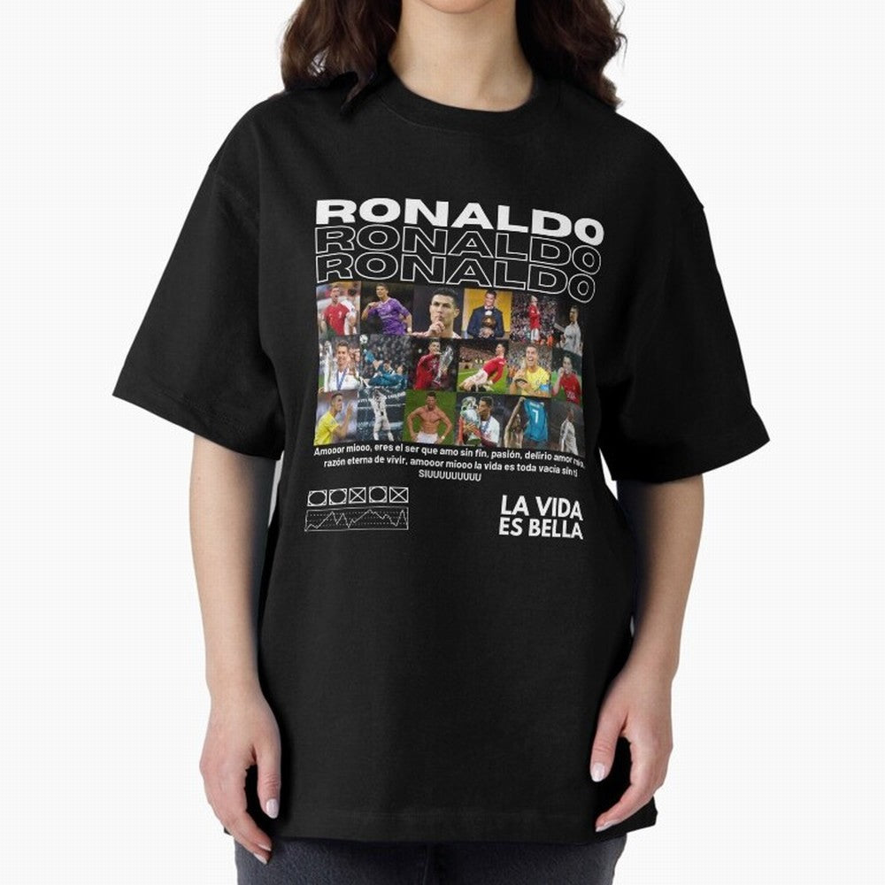 Cristiano Ronaldo CR7 Collage Oversized T-Shirt Share the Excitement of FIFA World Cup 2026 USA Canada Mexico Spirit, Filled with Argentina, Mbappe and Neymar, Retro Football Energy, Iconic Rivalries, Trophy Chase Drama and Stadium Atmosphere;