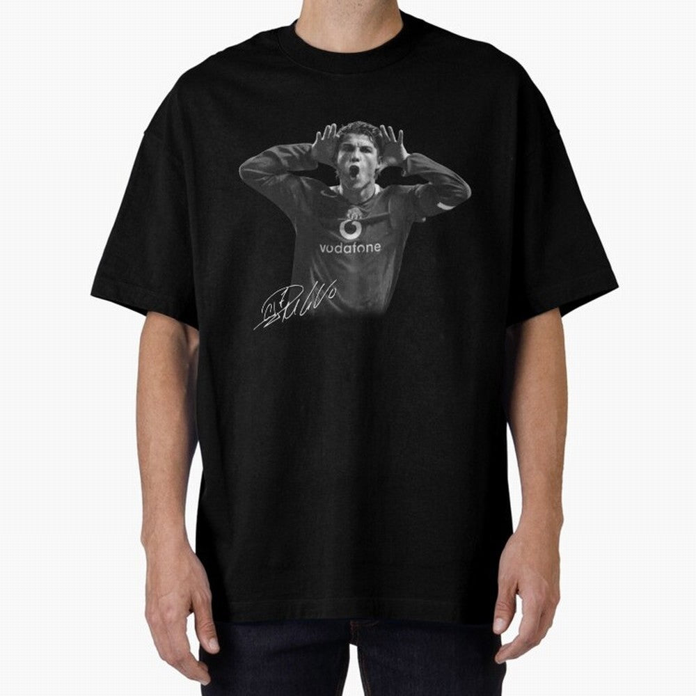 Black and White Cristiano Ronaldo T-Shirt Young Manchester Ronaldo - Celebration Oversized T-Shirt Stand with FIFA World Cup 2026 USA Canada Mexico for Fans of Haaland and Mbappe and England, France and Netherlands, Bringing Classic Soccer