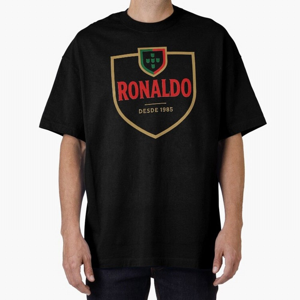 Ronaldo Emblem Sticker ¨C Gold Crest Parody Design Oversized T-Shirt Experience Global Football Passion for FIFA World Cup 2026, Centered on Neymar, Haaland and Cristiano Ronaldo, Brazil, Portugal and Argentina, Sports Nostalgia, International