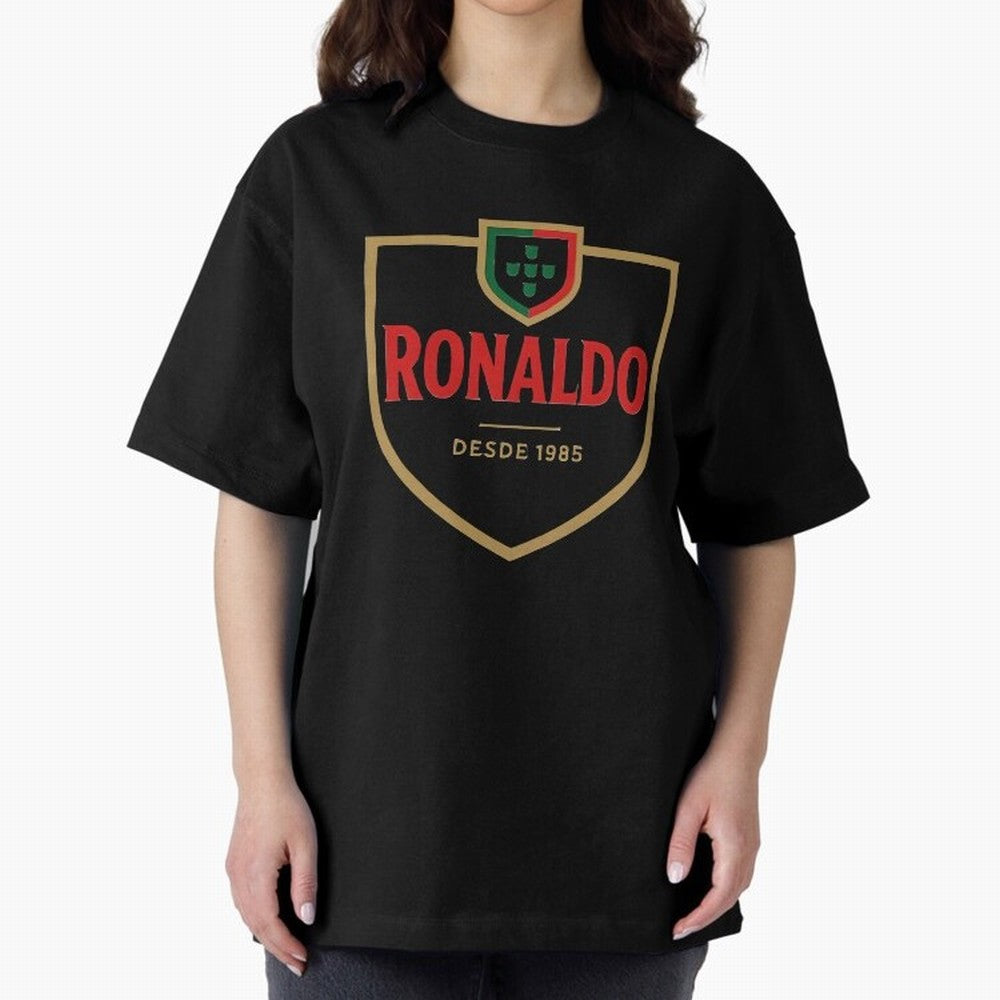Ronaldo Emblem Sticker ¨C Gold Crest Parody Design Oversized T-Shirt Experience Global Football Passion for FIFA World Cup 2026, Centered on Neymar, Haaland and Cristiano Ronaldo, Brazil, Portugal and Argentina, Sports Nostalgia, International