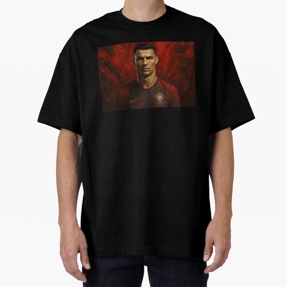 Cristiano Ronaldo Portrait Oversized T-Shirt Show Your Stadium Side during Global Football Passion for FIFA World Cup 2026 Group Stage, Connected to Messi, Neymar and Mbappe, Argentina, France and Brazil, Match Day Excitement, Supporter Culture,
