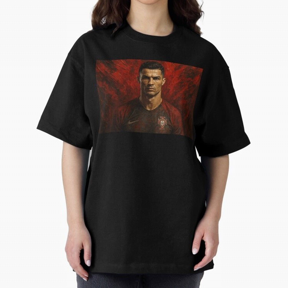 Cristiano Ronaldo Portrait Oversized T-Shirt Show Your Stadium Side during Global Football Passion for FIFA World Cup 2026 Group Stage, Connected to Messi, Neymar and Mbappe, Argentina, France and Brazil, Match Day Excitement, Supporter Culture,