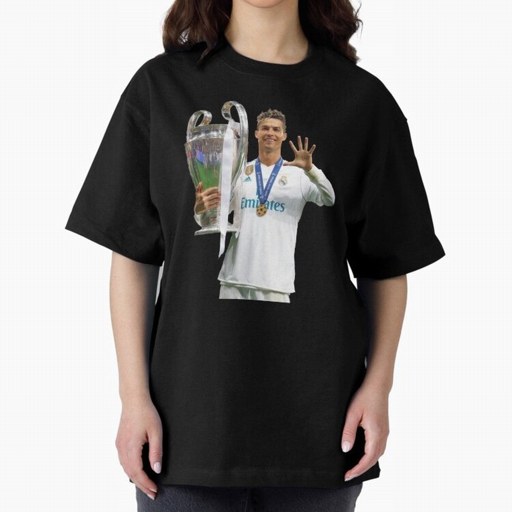 Cristiano Ronaldo with the cup Oversized T-Shirt Step into FIFA World Cup 2026 Spirit, Built around Argentina, France and Brazil, Messi, CR7 and Mbappe, Match Day Excitement, Supporter Culture, Golden Goals and Global Football Passion; Perfect for