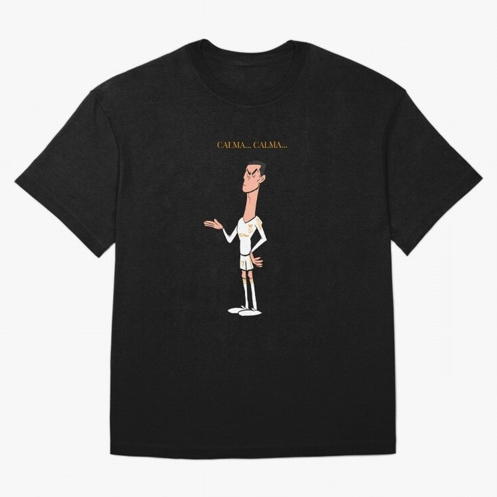Cristiano Ronaldo ¨C Calma Calma Shirt Celebration (Cartoon) Oversized T-Shirt Bring Champion Energy into Global Football Passion for FIFA World Cup 2026 Group Stage, with Haaland and Mbappe, Portugal, Spain and Germany, Goal Celebration Energy,