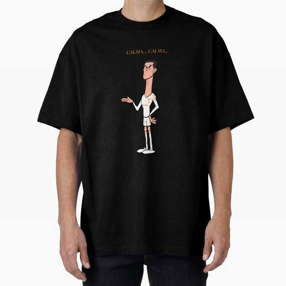 Cristiano Ronaldo ¨C Calma Calma Shirt Celebration (Cartoon) Oversized T-Shirt Bring Champion Energy into Global Football Passion for FIFA World Cup 2026 Group Stage, with Haaland and Mbappe, Portugal, Spain and Germany, Goal Celebration Energy,