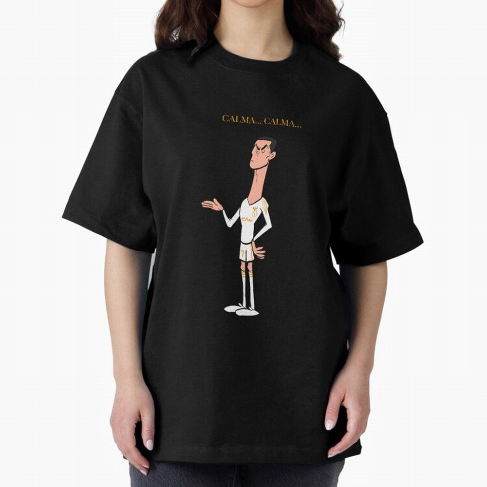 Cristiano Ronaldo ¨C Calma Calma Shirt Celebration (Cartoon) Oversized T-Shirt Bring Champion Energy into Global Football Passion for FIFA World Cup 2026 Group Stage, with Haaland and Mbappe, Portugal, Spain and Germany, Goal Celebration Energy,
