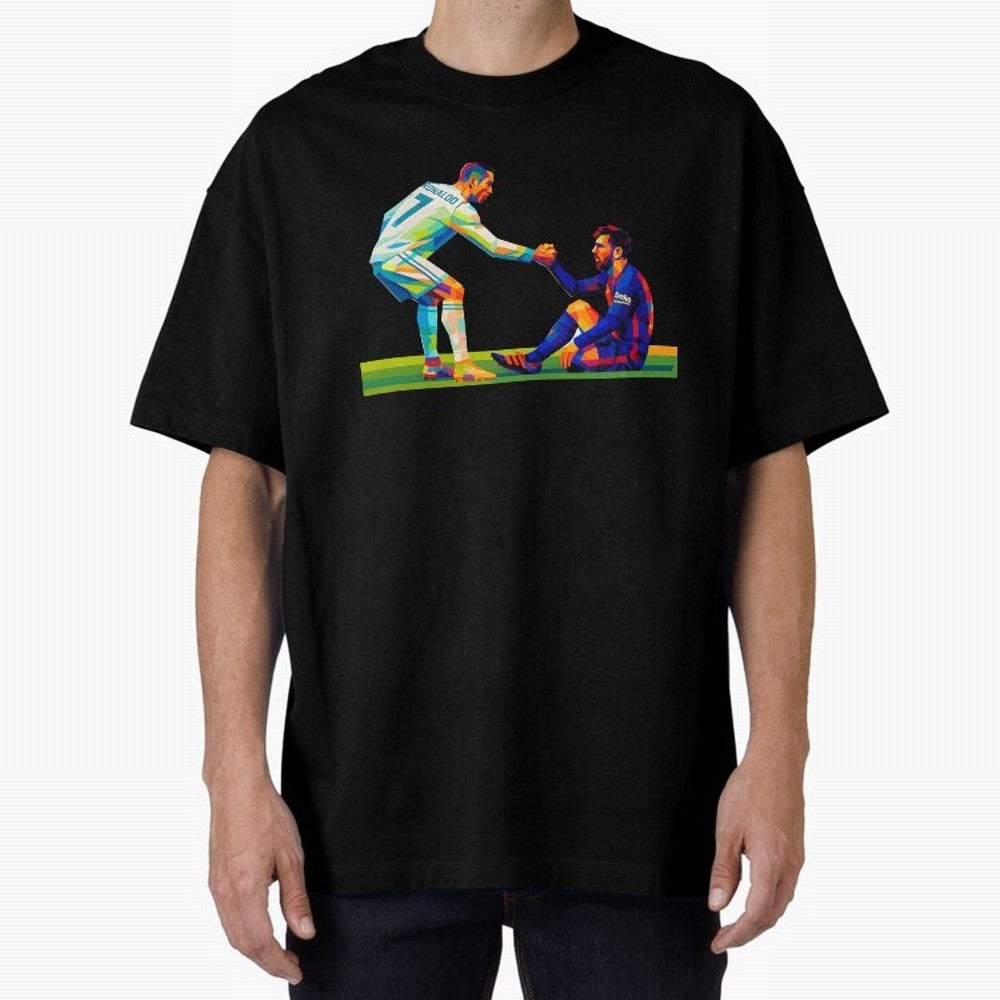 Cristiano Ronaldo & Messi Wpap Art Oversized T-Shirt Join FIFA World Cup 2026 Group Stage for Fans of CR7 and Portugal, Spain and Germany, Bringing Retro Football Energy, Iconic Rivalries, Trophy Chase Drama and Stadium Atmosphere; Perfect for