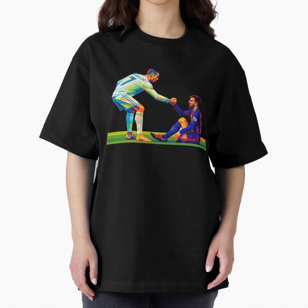Cristiano Ronaldo & Messi Wpap Art Oversized T-Shirt Join FIFA World Cup 2026 Group Stage for Fans of CR7 and Portugal, Spain and Germany, Bringing Retro Football Energy, Iconic Rivalries, Trophy Chase Drama and Stadium Atmosphere; Perfect for