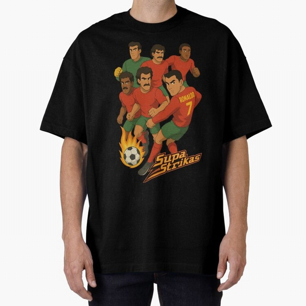 Supastrikas Portugal Team Version Oversized T-Shirt Celebrate the Magic of FIFA World Cup 2026 Spirit, Featuring Portugal, Mbappe, Vintage Soccer Flavor, Modern Football Stars, National Flags and Final Night Emotion; Ideal for Fans Who Follow