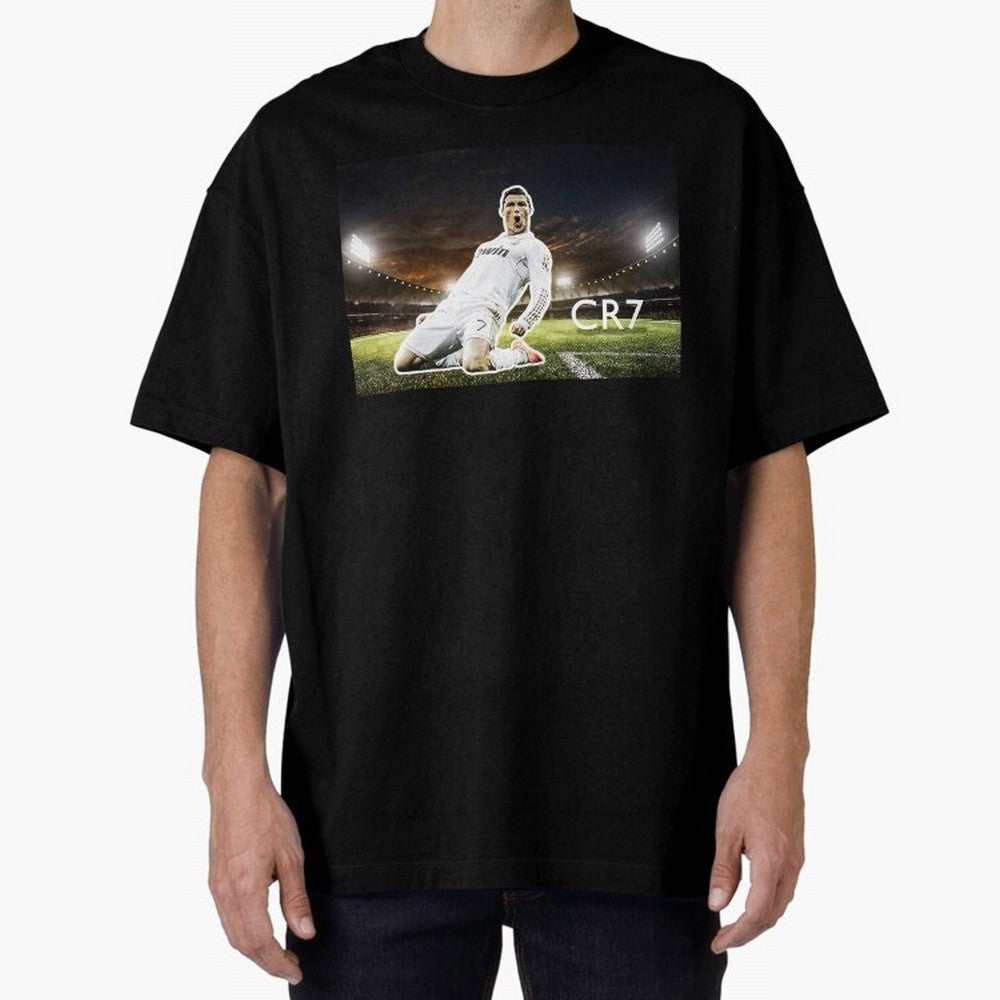 Cristiano Ronaldo Celebration Scene Oversized T-Shirt Show Fan Pride Across Global Football Passion for FIFA World Cup 2026 Group Stage, Connected to Messi, CR7 and Mbappe, France and Portugal, Soccer Culture, Superstar Moments, National Team