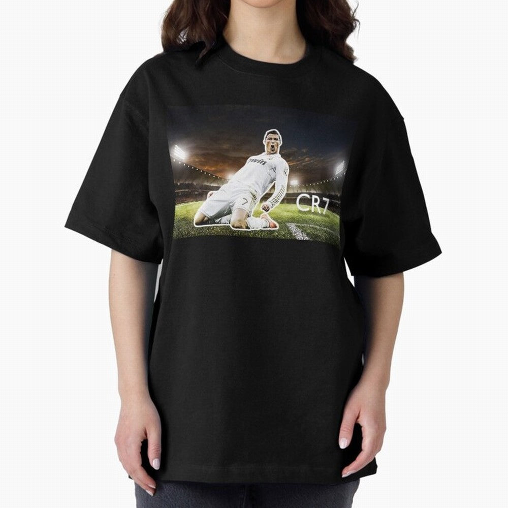 Cristiano Ronaldo Celebration Scene Oversized T-Shirt Show Fan Pride Across Global Football Passion for FIFA World Cup 2026 Group Stage, Connected to Messi, CR7 and Mbappe, France and Portugal, Soccer Culture, Superstar Moments, National Team