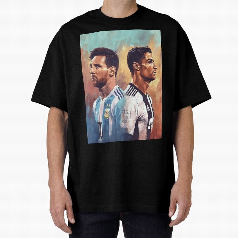 Lionel Messi and Cristiano Ronaldo Oversized T-Shirt Cheer for Global Football Passion for FIFA World Cup 2026 Group Stage, Driven by Haaland, Brazil, Portugal and Argentina, Championship Spirit, Famous Goals, Roaring Crowds and International