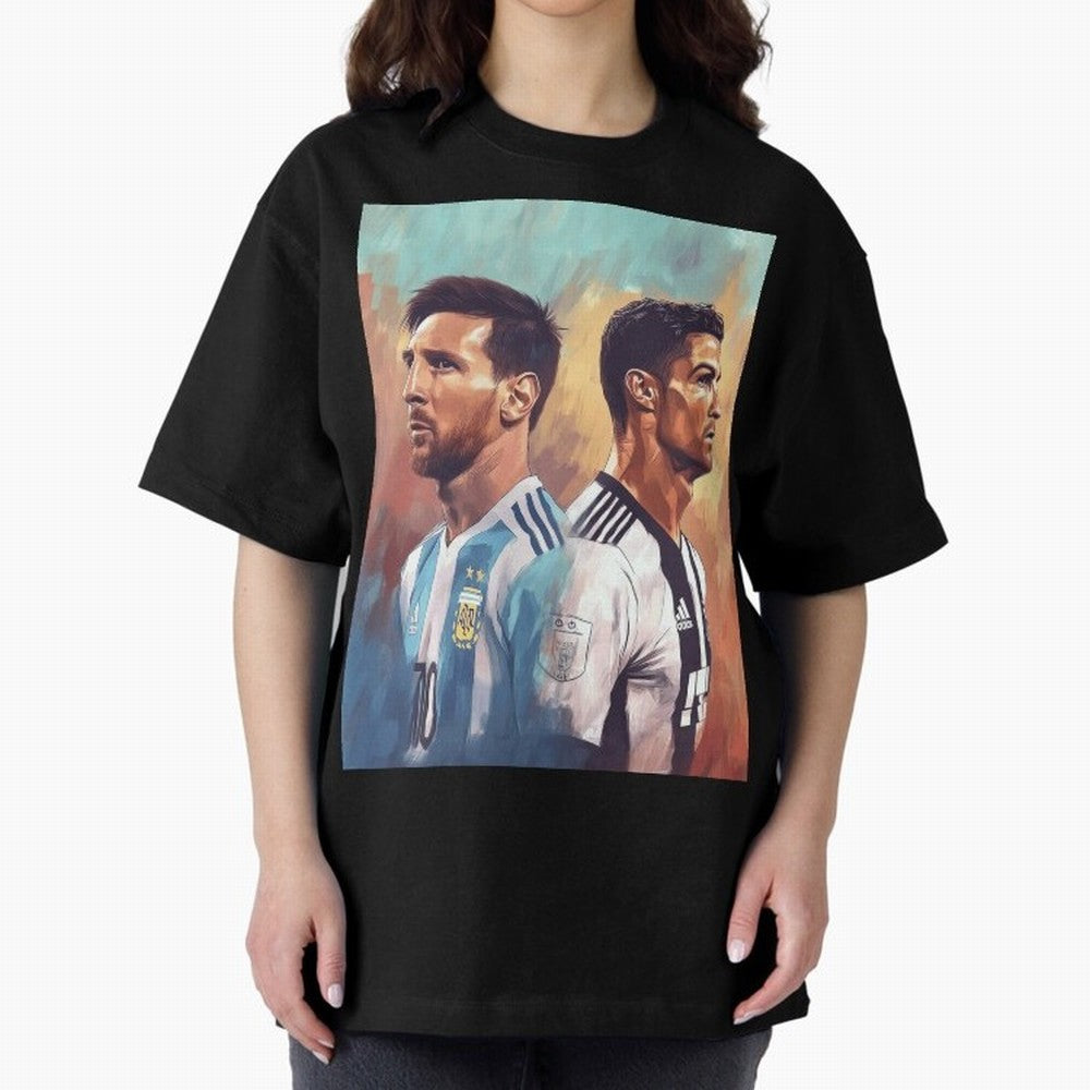 Lionel Messi and Cristiano Ronaldo Oversized T-Shirt Cheer for Global Football Passion for FIFA World Cup 2026 Group Stage, Driven by Haaland, Brazil, Portugal and Argentina, Championship Spirit, Famous Goals, Roaring Crowds and International