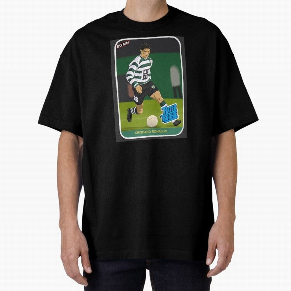 Sporting Lisbon Cristiano Ronaldo Rookie Card Artwork Oversized T-Shirt Join the Countdown to FIFA World Cup 2026 USA Canada Mexico for Fans of Neymar, Haaland and Cristiano Ronaldo and Argentina, France and Brazil, Bringing Retro Football Energy,